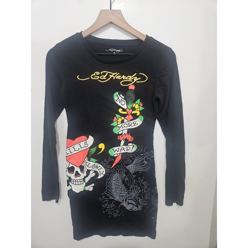 Ed Hardy Women Black Tattoo Graphic Long Sleeve Mini T-Shirt Dress Size M Y2K